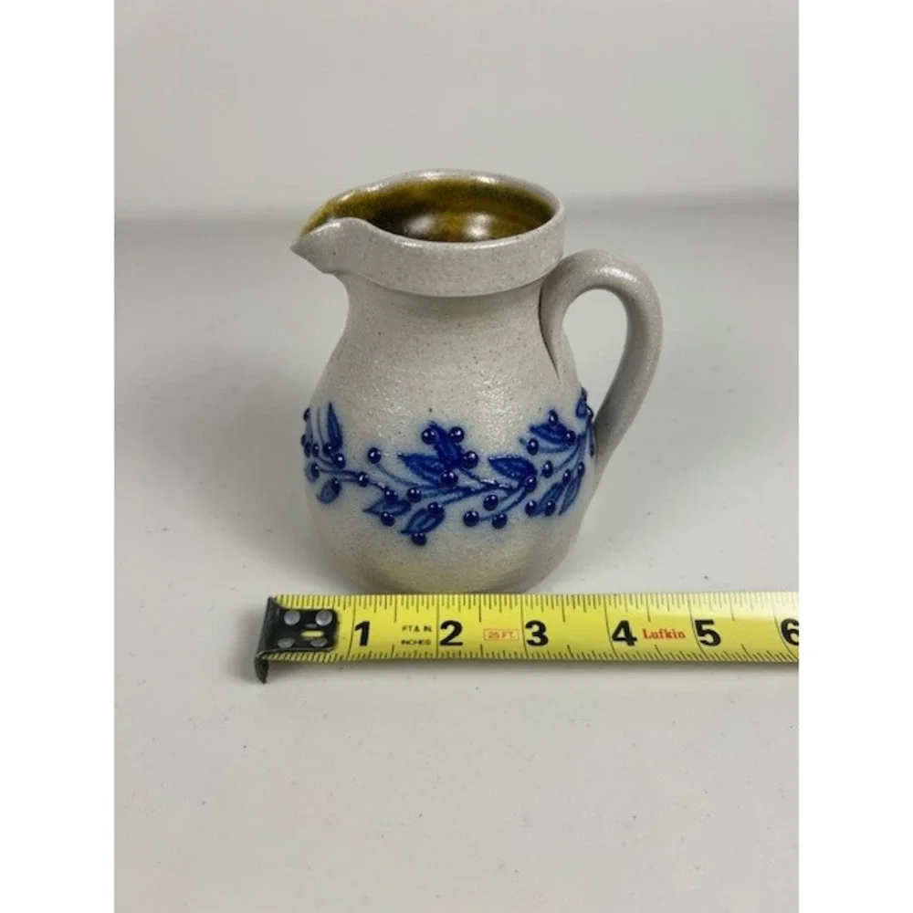 Salmon Falls Stoneware 2001 Small Pitcher Creamer Blue Berry Vine Salt Glazed NH